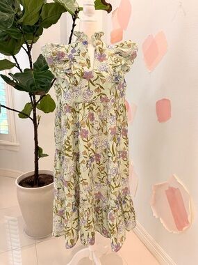 Floral Ruffle Sleeve Dress in Light Green